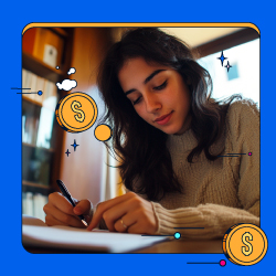 Mujer estudiante escribiendo en su cuaderno